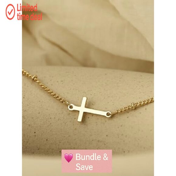 14K Gold Plated Charm Bracelet with Cross, Adjustable 6.5-8.5 Inches - Picture 4 of 5